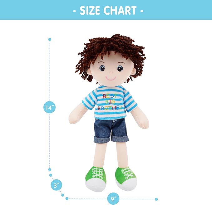 June Garden 14" Snuggle Cutie Benny – Best Big Brother Soft Plush Doll – Stuffed Boy Doll with Blue Striped Shirt and Green Shoes – Ideal Gift for Toddlers & Big Brother Celebrations - Blue M