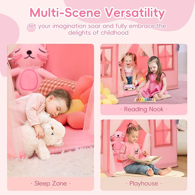 Large Kids Tent Playhouse Basic Mat with Star Lights, Flags and Tote Bags, Play Tent Indoor & Outdoor, Washable Teepee Tent for Boys & Girls, Kids Play House for Toddler(Pink)