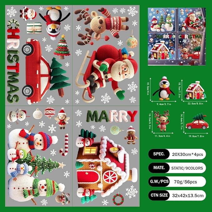 Christmas Window Stickers Easy Apply Fun Christmas Window Clings Decor Set-Vibrant Santa,Woolen Tree Car House,Reindeer & Snowman Static Decals-Removable - Safe for Home, Office, School Indoor Use