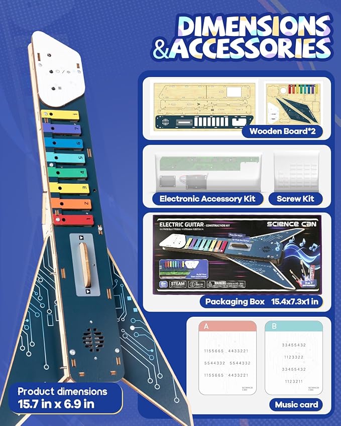 Science Can Kids Electric Guitar Toy DIY Assembly Kit for Ages 3-8, STEM Learning Musical Instrument, Easy to Build, Music Education Gift for 5 6 7 8 9 Boys & Girls