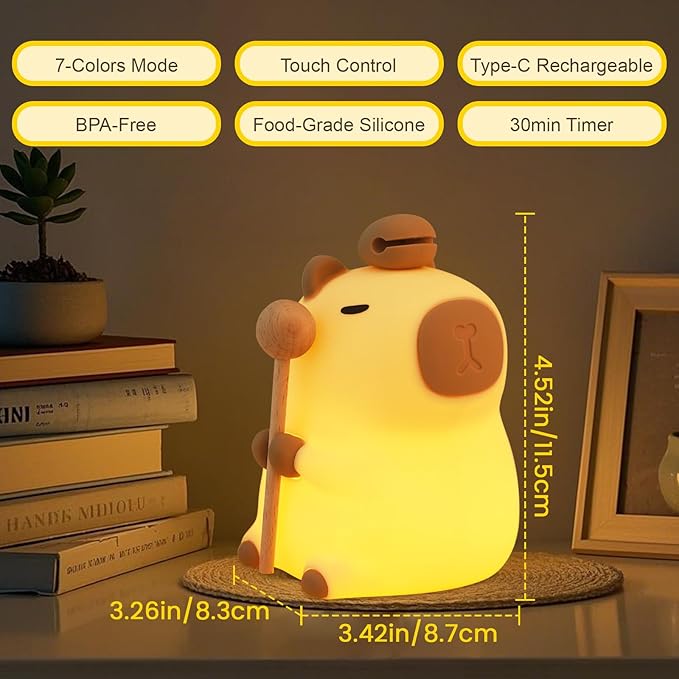 Capybara Night Light, Nursery Lamp, 7-Color RGB & 3-Level Warm Dimmable, Tap Control, 30Min Timer, 100% Safe &Soft Silicone, Adorable, Soothing Ambiance, Gift for Kids, Zen, Wooden Fish