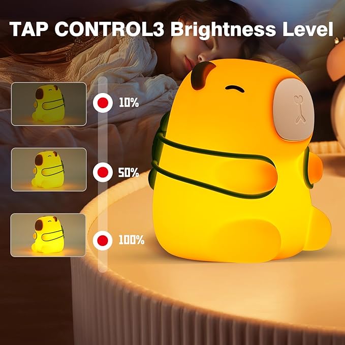 Capybara Night Light for Kids,Cute Squishy Silicone Nursery Nightlight Kawaii Animal Bedside Lamp with 7 Colors 3 Levels Dimmable Tap Control Rechargeable Animal Toddler Nightlights for Kids
