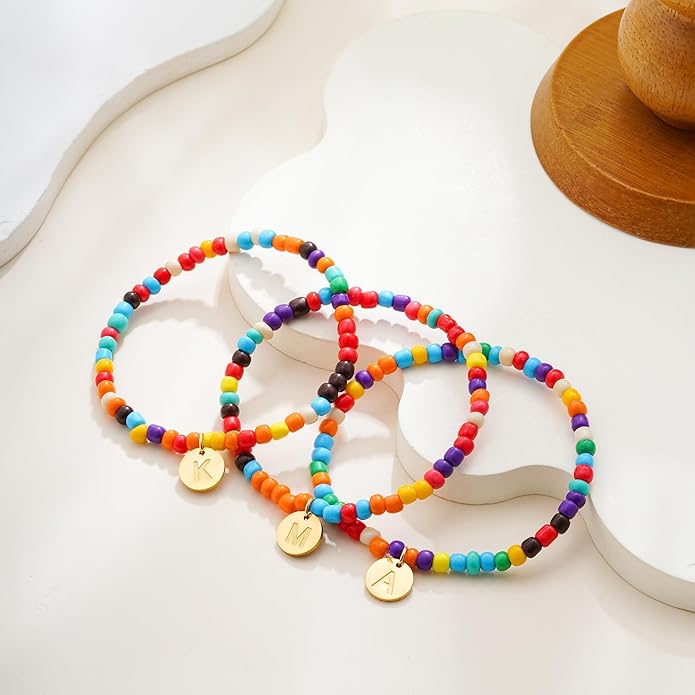 Colorful Initial Bracelets for Women Girls, Cute Beaded Initial Bracelet Teen Girl Gifts Trendy Stuff Gold Disc Letter Bracelet Personalized Gifts for Women Jewelry
