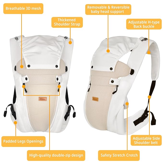 CUBY Newborn Baby Carrier with Head Support and Sunshield, Breathable & Adjustable Newborn Toddler Front Baby Carriers Sling, Hands-Free Newborn Carrier up to 40lbs(White, Classic-with Inner Crotch)