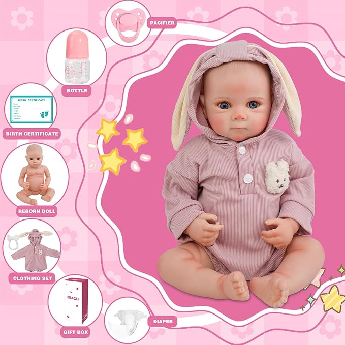 Jirachi Lifelike Reborn Baby Dolls, Real Life Vinyl Body Newborn Baby Girl, 18 Inch Realistic Reborn Baby with Feeding Accessories for Girls Age 3+