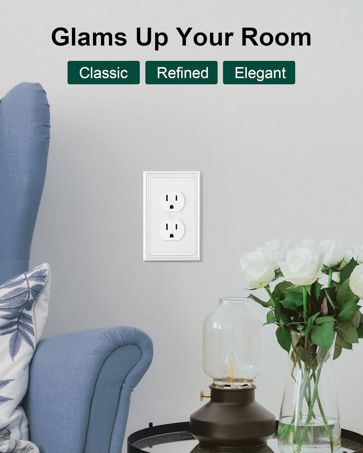 4-Pack Duplex Outlet Cover Plate, Pure White Metal Wall Plates for Electrical Outlets, 1 Gang Receptacle Light Switch Cover, Pearls Decorative Switch Plates and Outlet Covers