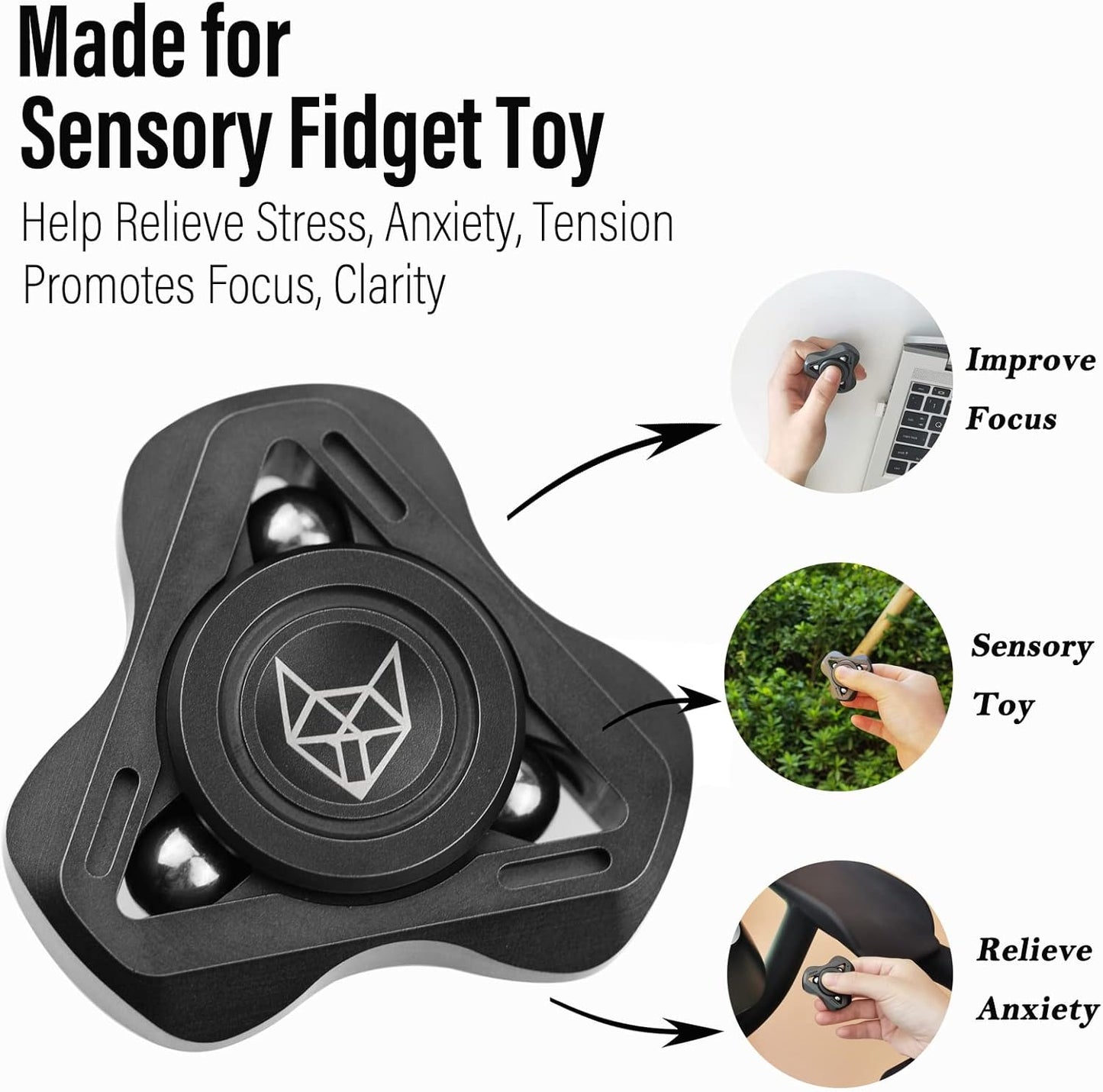 FREELOVE Upgraded Fox Metal Fidget Spinner for Adults, Steel/Glow Balls Clicking Noise, Mini Small Tiny Pocket Tri Finger Gyro, Long Spinning Premium Bearing Toy, Stainless Steel CNC, Stone Black