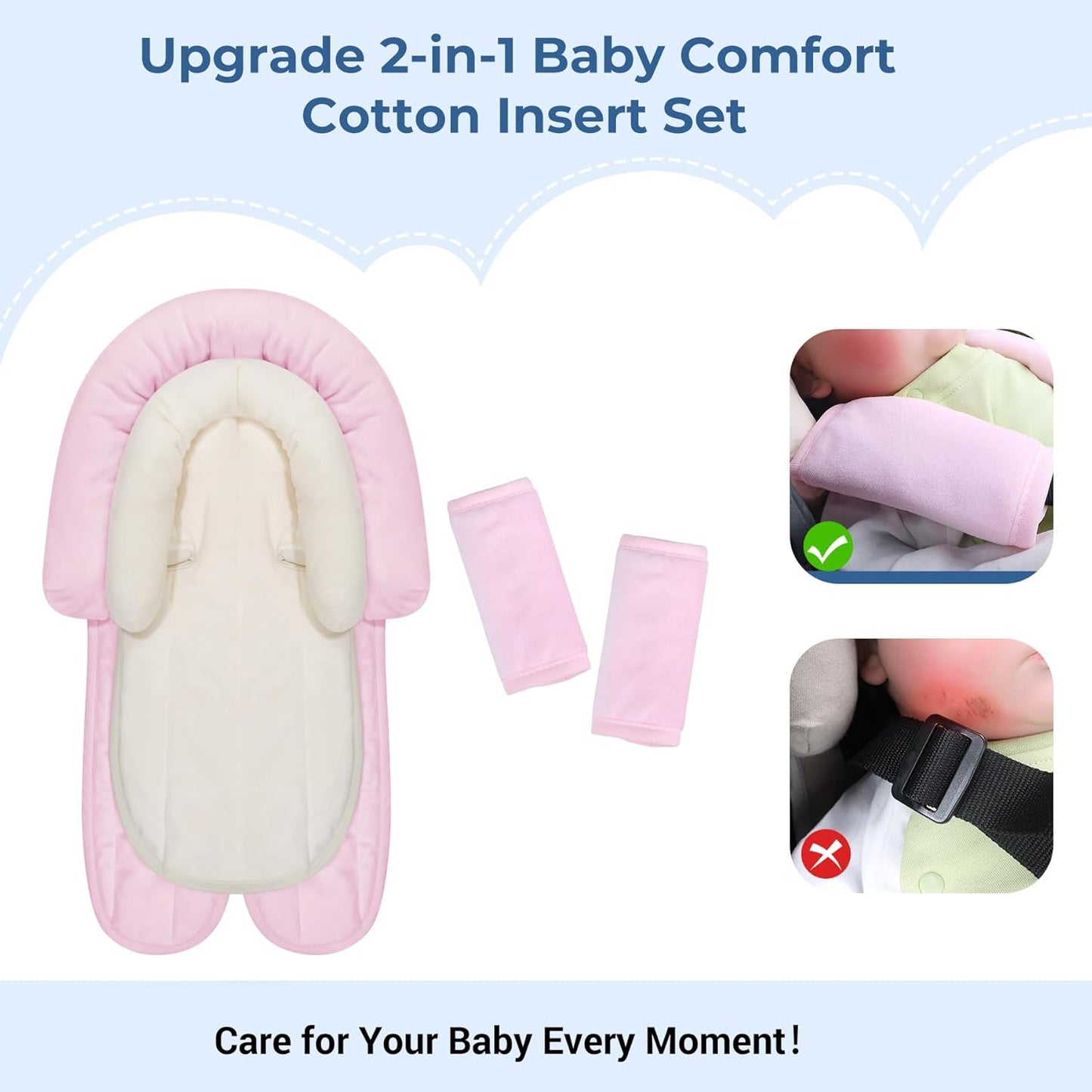 COOLBEBE New Babybody Support & Strap Covers Set for Newborn Infant Toddler- Extra Soft Stroller Cushion Pads Car Seat Insert, Perfect for Carseats, Strollers, Swings, Pink