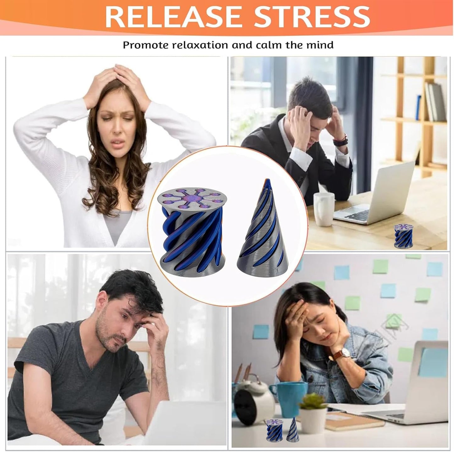 Impossible Pyramid Passthrough Sculpture - 2Pcs 3D Printed Spiral Cone Fidget Toy, Stress and Anxiety Relief Toy, Pass Through Pyramid Fidget Toy for Adult Children (Colorful-Blue)