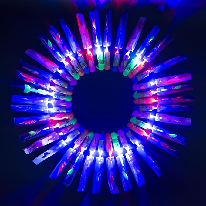 50 Pcs Slingshot Flying Toys with Led Lights,25 Pcs LED Arrow Helicopters + 25 Pcs Launchers,Summer Outdoor Game Glow in The Dark Party Supplies Party Favors for Kids 4-8,8-12 Bulk Toys