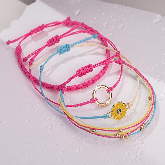 FANCY SHINY Sunflower String Bracelet Boho Braided Rope Wrap Bracelets Cute Summer Beach Surfer Jewelry for Women Christmas Gifts