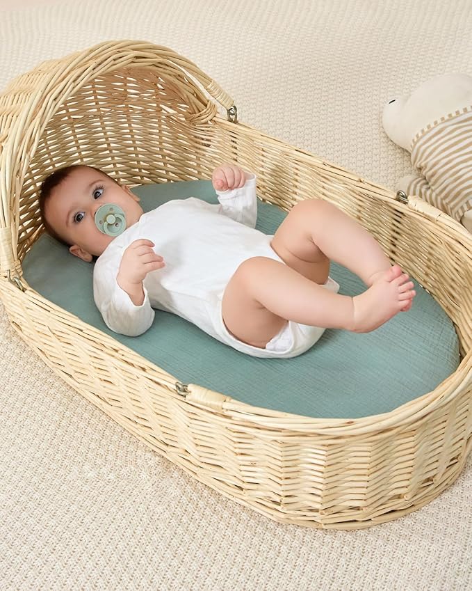 JELLYMONI 2-Pack Muslin Bassinet Sheets for Girls Boys, 100% Cotton Bassinet Mattress Sheets Soft Breathable Universal Fit for Baby Bassinets, Moses Basket, Hourglass Oval and Rectangle Mattress