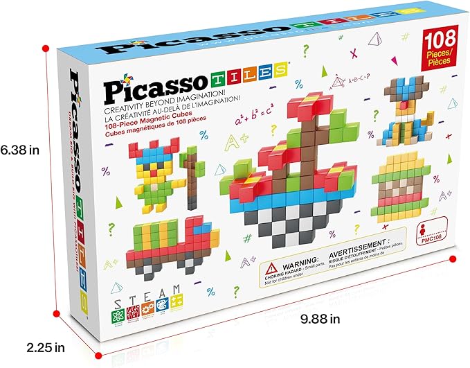 Picasso Cubes 1” Magnetic Puzzle Cubes 108 Piece Magnet Construction Building Block Set Sensory Toy Early Education STEM Learning, Free Ideabook with 50 Ideas, Children Age 3+ Boy Girl PMC108