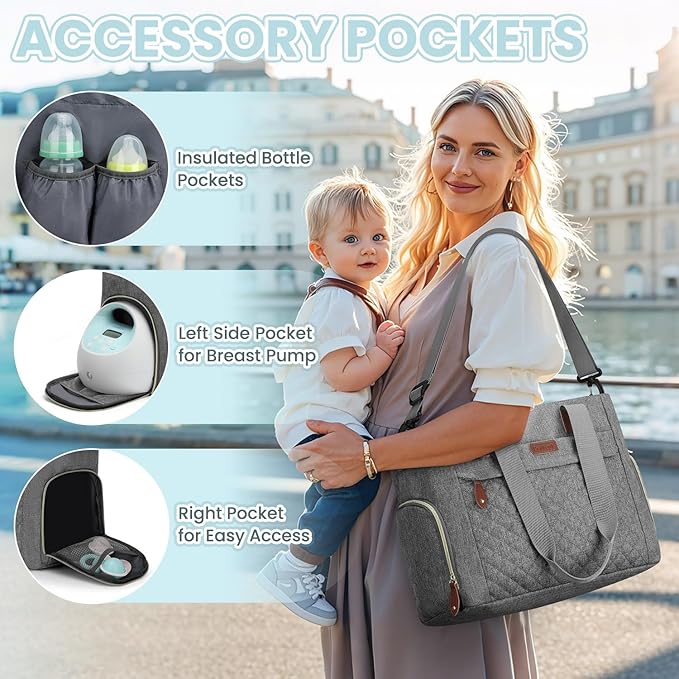 Diaper Bag Tote for Working Mom, Large Travel Diaper Tote for Mom and Dad with 14 Inch Laptop Sleeve, Mommy Maternity Travel Baby Bag for Boys and Girls, Grey