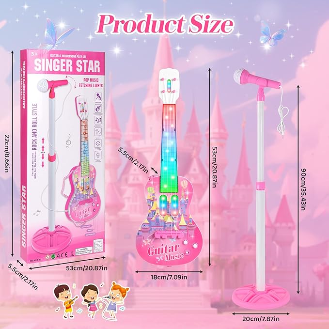 Kids Guitar and Microphone Playset, Musical Guitar Play Set with Adjustable Stand,Toy Guitar Starter Kit with 4 Strings, Electric Guitar Karaoke Toys with Music Lights for Boys Girls