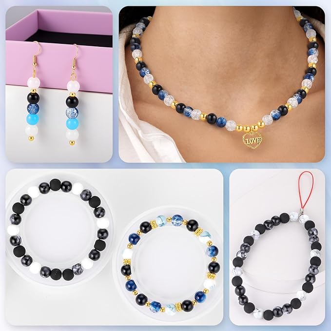 Funtopia 8mm Glass Beads, Neutral Colors Round Marble Loose Beads for Men Women, Jewelry Making Supplies with Spacer Bead and Charms, DIY Bracelets Earrings Necklaces Crafts (24 Colors)