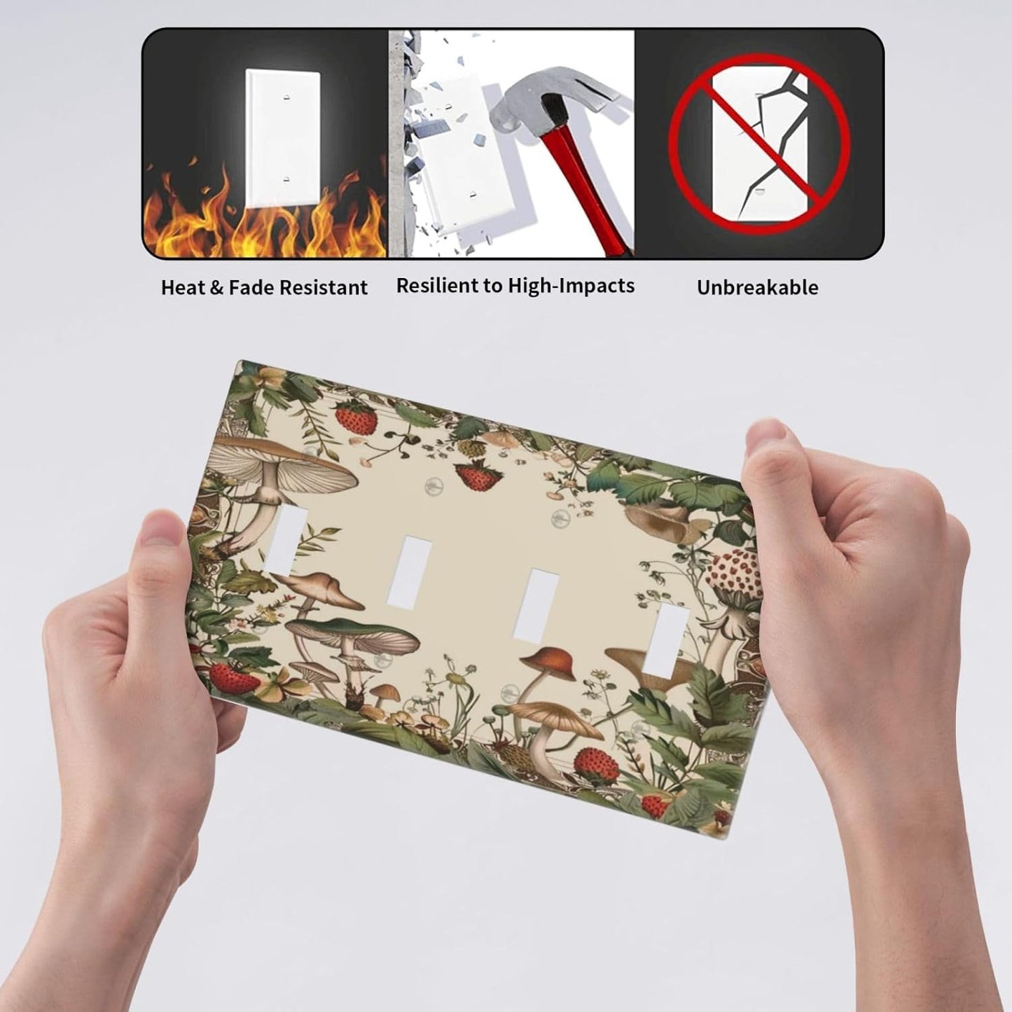 Decorative Switch Covers Plate Rustic Mushroom Garden Red Strawberry 4 Gang Artistic Wall Plate Unique Quad Toggle Light Switch Plate Jumbo Faceplate for Bedroom Home Decor