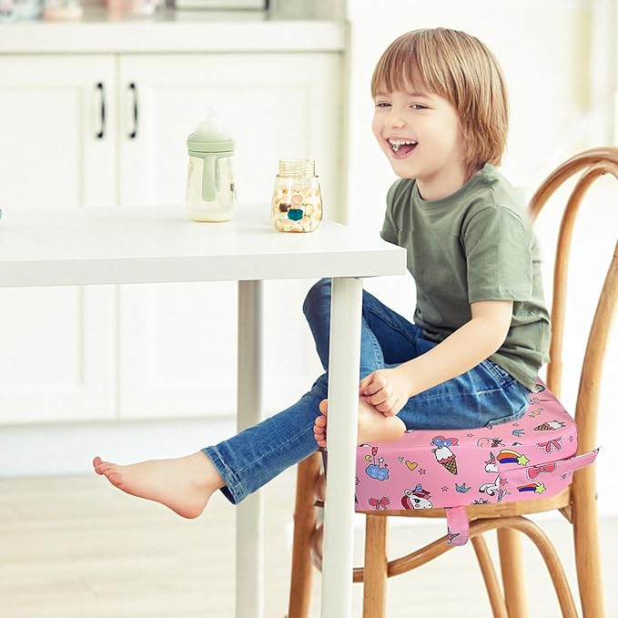 Toddler Booster Seat for Dining Table, Portable Kids Booster Seat with Safety Buckles Portable Increasing Booster Cushion with Non-Slip Bottom (Pink Unicorn)
