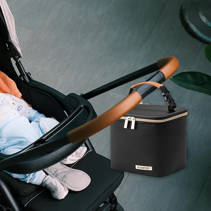 Insulated Bottle Bag with Ice Pack Fits 4 Large Baby Bottles Up to 5 Ounce, Cooler Bag Great for Nursing Mom Daycare-Black