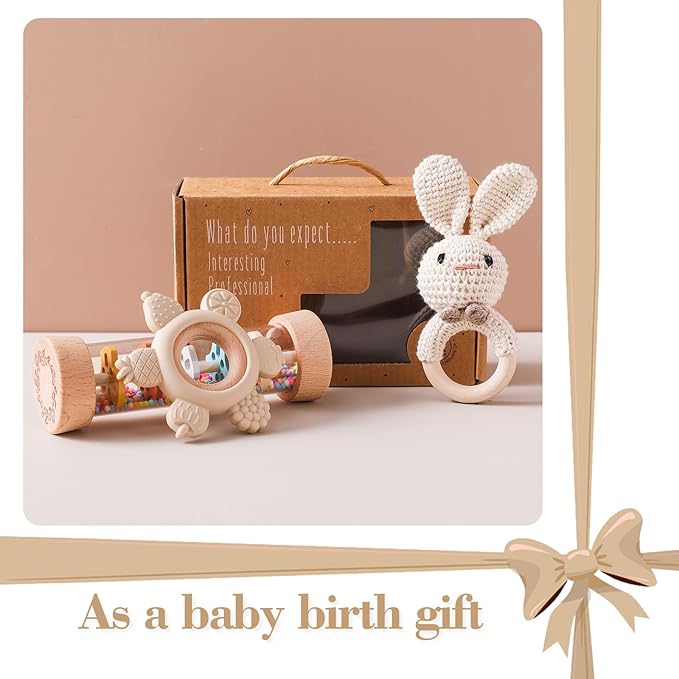 Youuys Wooden Baby Rattle Set (3pcs) - Crochet Rattle Rain Stick Teething Toys, Wooden Montessori Toy for Newborn Infant Baby Rattles Set Toys 3-6-12 Months (Bunny)