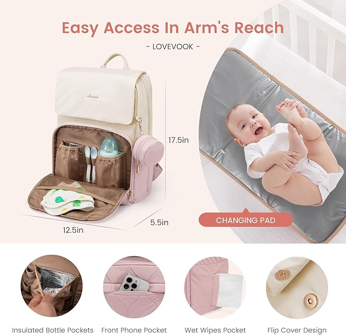 LOVEVOOK Diaper Bag Backpack, Baby Travel Bags for Boys & Girl, Toddler Waterproof Diaper Bag w/Changing Pad (Pink, 15.6''-Small)