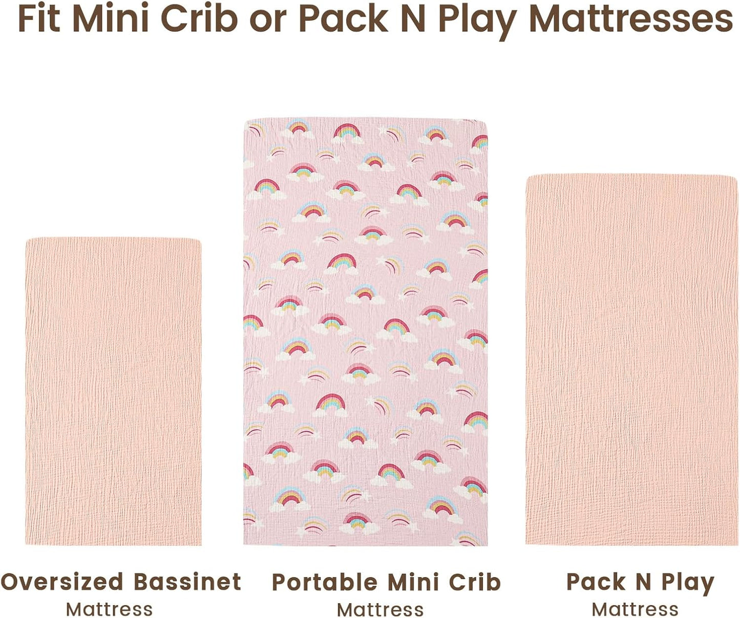 david's kids Muslin Mini Crib Sheets, 2 Pack Cotton Pack N Play Sheets for Boys Girls Neutral, Soft Breathable Baby Sheets Fit Pack N Play, Playard and Mini Crib Mattresses, Rainbow