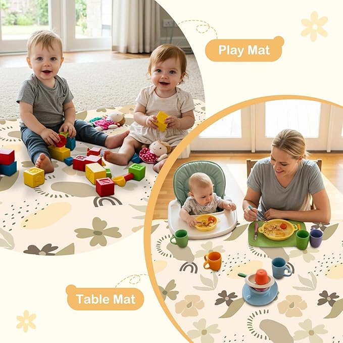 Splat Mat for Under High Chair 42 x 42 Inch Waterproof Baby Splash Mat with Non Slip Bottom Reusable Portable Highchair Mat for Floor Food Catcher for High Chair, Coffee Flowers