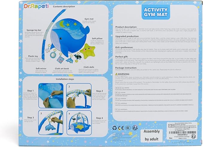 Dr.Rapeti 31x31inch Baby Play Mat, Activity Baby Play Gym with Arch, Playmats & Floor Gyms, Detachable Mirror and Squeaky Soft Set, Thick Non-Toxic Playmats