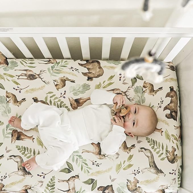 Pobibaby - Premium Single Fitted Baby Boy Crib Sheets for Standard Crib Mattress - Ultra-Soft Cotton Blend, Safe and Snug, and Stylish Woodland Crib Sheet (Wildlife Animal)