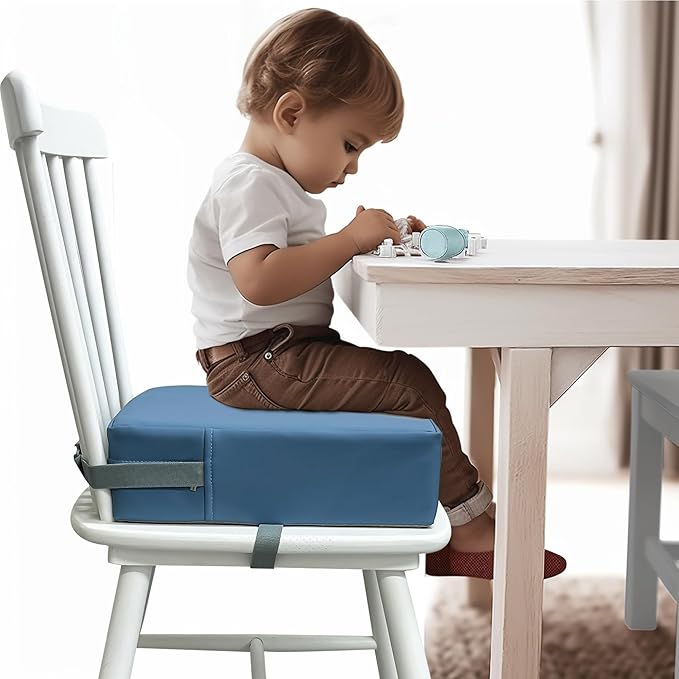 Toddler Booster Seat for Dining Table, 2 Elastic Seat Belts, Anti Scratch PU Skin-Friendly, Waterproof, Anti-Wrinkle, Detachable Non-Slip Bottom - Blue