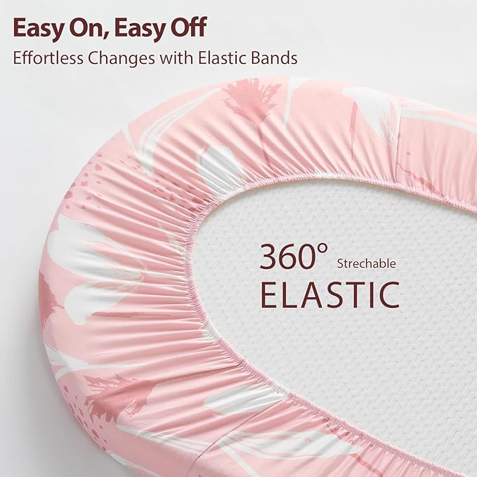 Baby Bassinet Sheets Girl Boy, Fitted Bassinet Sheet Set 3 Pack Bassinet Mattress Sheets Universal Fit for Rectangle, Round, Oval, Hourglass Mattress, Soft Breathable Pink Flowers & Leaf