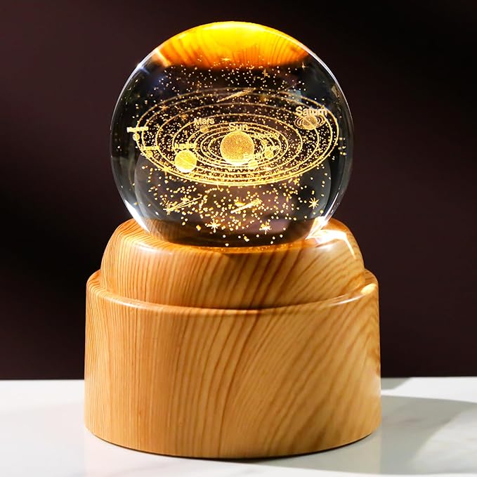 Ornalrist 3D Solar System 2.36“ Crystal Ball with Rotated Wood Bases, Space Decor Astronomy Gifts for Women Men Physics Enthusiasts Science Teacher Planet Lamp Universe Night Light