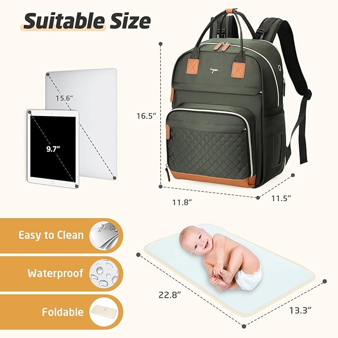 Diaper Bag Backpack - Extra Large Diaper Bag for 2 Kids Twin, Travel Baby Bags for Mom Dad 25-37L Expandable with Changing Pad Earphone Hole, Solid Green