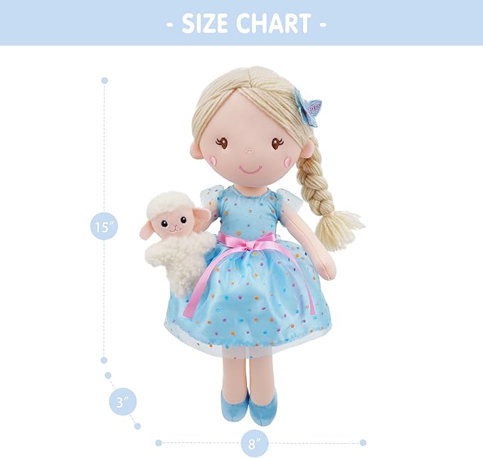 June Garden 15" Playmate Buddies Luna - Soft Plush Doll with Her Stuffed Animal Companion Lamb - Polka Dot Blue Dress for Kids 1 Year and Up
