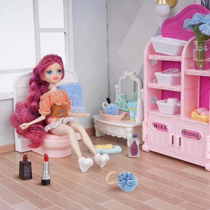 74Pcs Dollhouse Acessories Furniture Mini Cabinet with Drawers Case Handbag Towel Cosmetic Set Bathroom Toothbrush Shampoo Hair Dryer Comb Purse Decor DIY Doll Backpack Girl Micro Scene Makeup