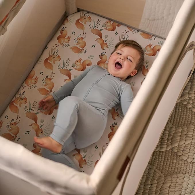 Pack n Play Sheets, BROLEX 2 Pack Mini Crib Sheets,Stretchy Portable Fitted Playard Sheet Set, Convertible Playard Mattress Cover,Ultra Soft Breathable Material,Squirrel & Foliage