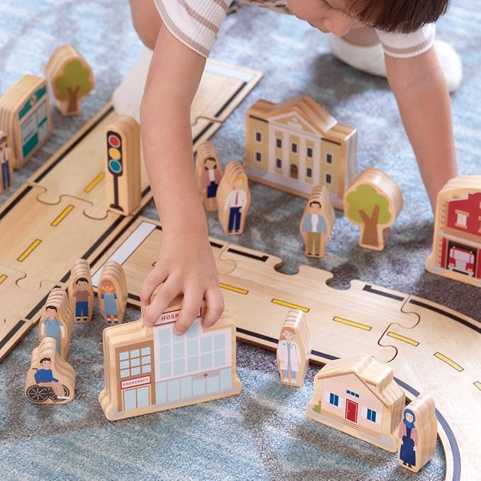 Kaplan Early Learning Community Block Set - 20 Pieces, Wooden Town Building Blocks for Dramatic Play and Storytelling, Includes School, Hospital, Bakery, Vehicles, and More for Toddlers, Ages 2+