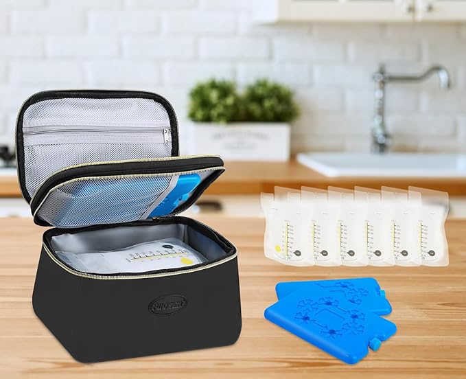 PIIOSER Breast Milk Cooler Bag with 2 Ice Pack, Fit 6 Freezer Breastmilk Storage Bags Up to 8Oz, Insulated Baby Bottles Tote Bag for Daycare and Breastfeeding Mom, Black