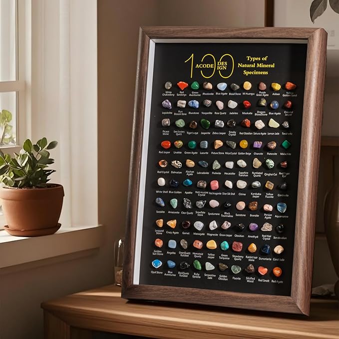 ACODE Natural Mineral Specimen Shadow Box, Geology Collection Case Decoration, Home Decor Wall Art Tabletop Display with Real Rocks Crystals, Gift for Birthday Christmas Housewarming Children's Day