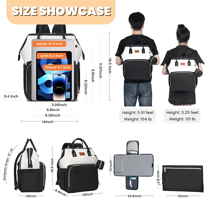 Baby Diaper Bag Backpack with Changing Pad, Pacifier Case, for Boy Girl Toddler - Large, Stylish, Waterproof Travel Quilted Diaper Bag for Mom - Black/White