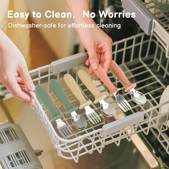 6 Pack Toddler Utensils, kids Silverware with Silicone Handle, 18/8 Stainless Steel Children Safe Spoons and Forks Set Baby Feeding Essentials, Dishwasher Safe