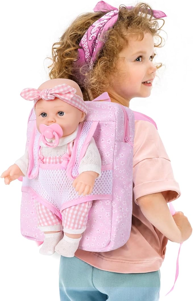 DONTNO 12 Inch Baby Doll with Clothes and Backpack Carrier,Newborn Doll Includes Clothes,Blanket,Pacifier,Bottle,First Gift for Toddlers 36 Months and Up