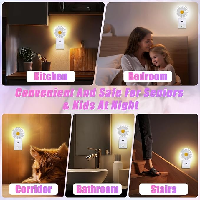 Daisy Night Light Chamomile Night Lights LED Lamp Round Plug into Wall Nightlight with Dusk to Dawn Sensor Home Hallway Stairway Kitchen Decor