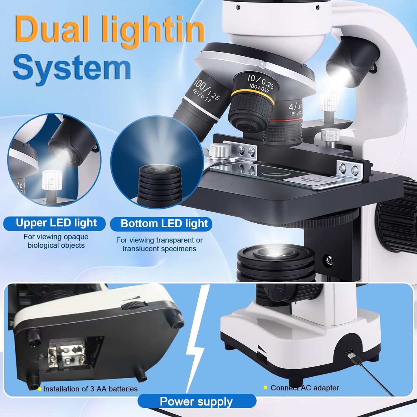 Binocular Microscope Magnification 40X-2500X, WF10x and WF25x Eyepieces, Dual LED Illumination, Suitable for Schools Home Labs Educational Adult Microscope