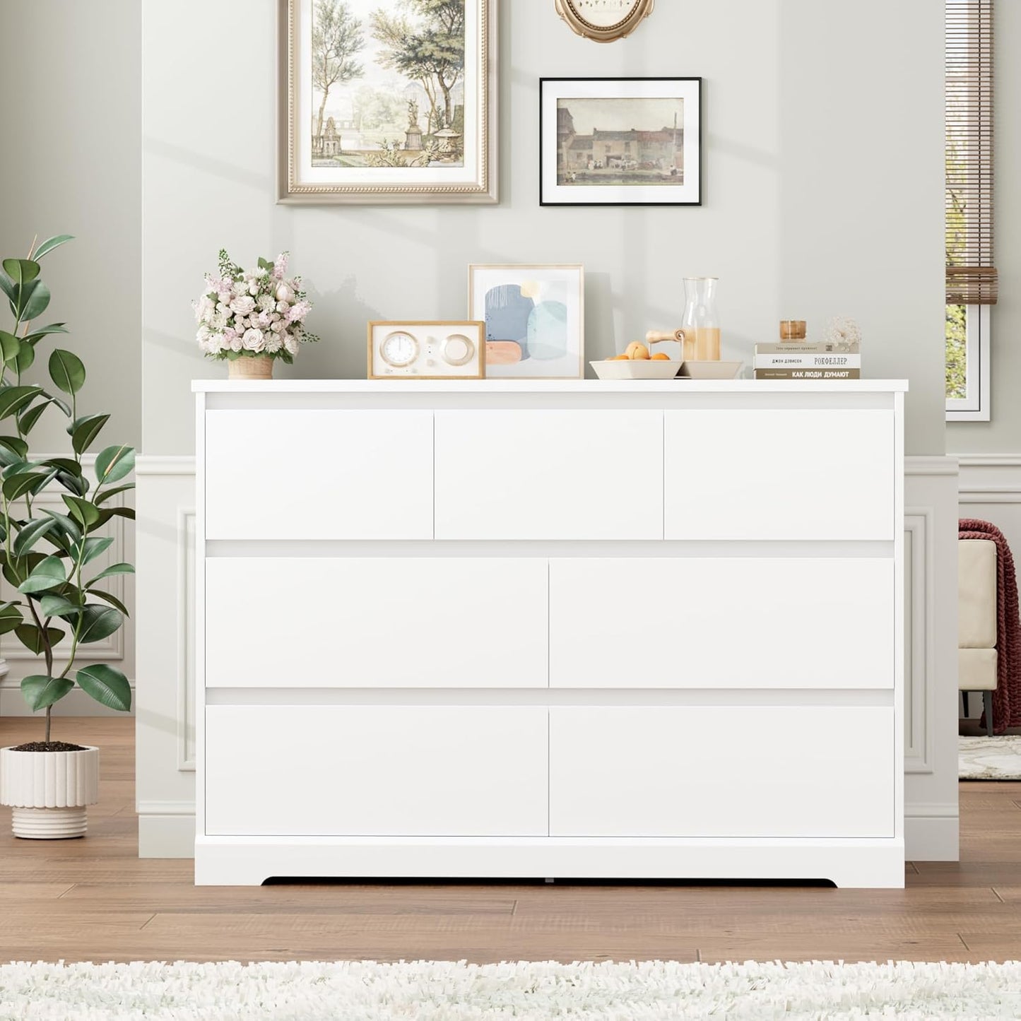 Dresser for Bedroom, Modern White Dresser, Wood Chest of Drawers Nursery Dressers, with Storage, 7 Drawer Double with Handle Free, Large Storage Organizer for Living Room,White