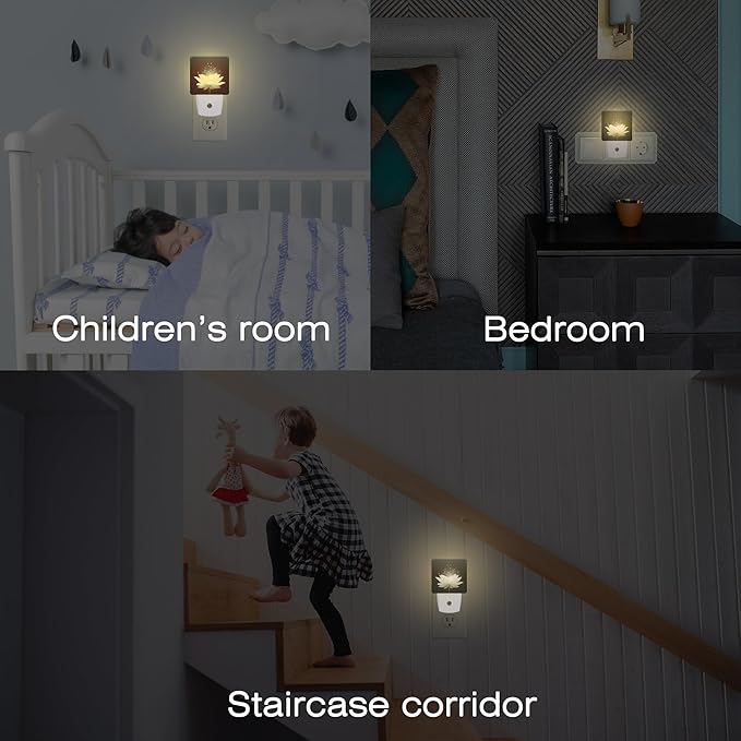 Magic White Lotus Flower Night Light for Kids, Glowing Lotus Floral Night Light Plug in with Dusk to Dawn Sensor, 0.5w Energy Saving Sleep Friendly Nightlight for Hallway Stairway Kitchen Bedroom