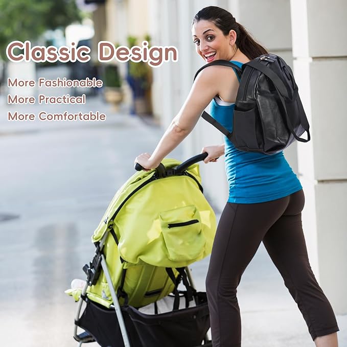Stylish Diaper Bag Backpack, Leather Large Capacity Travel Baby Diaper Bag Tote for Mom Dad, Handbag shoulder bag, Waterproof, Lightweight Black