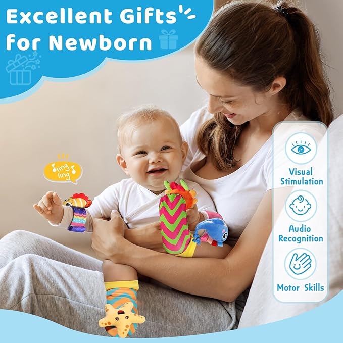 URMYWO Wrist Rattles for Baby - Rattle Socks - Foot Finder Set - Baby Toys for 0-12 Months Infant - Newborn Essentials - Early Learning Sensery Toys for Boys and Girls as Shower Gifts