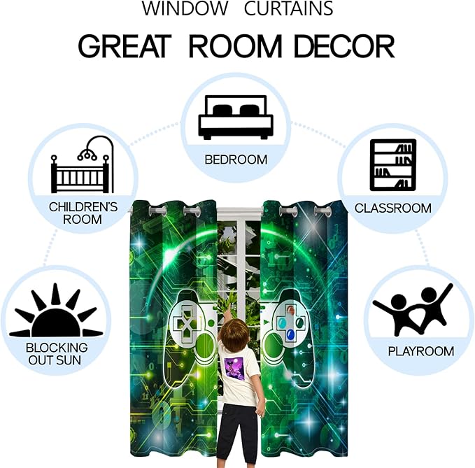 Gaming Curtain for Boys - 2Pcs Gamer Curtain Panels for Boys Bedroom Blackout Drapes Modern Games Patterns Windows Curtains Green Game Room Decor Grommet Top Curtains, 82" x 84"