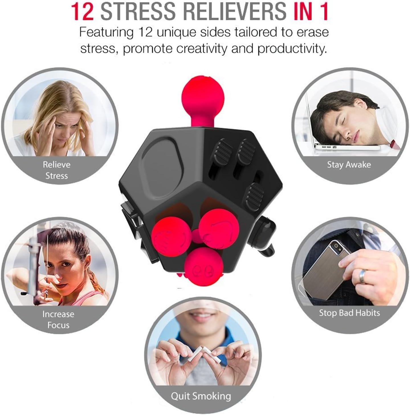 Fidget Toys Cube Relieve Stress Anti Anxious Depression 12-Sided Cube for Children and Adults with ADHD ADD OCD Autism Creative Toy (Black Red-A4)